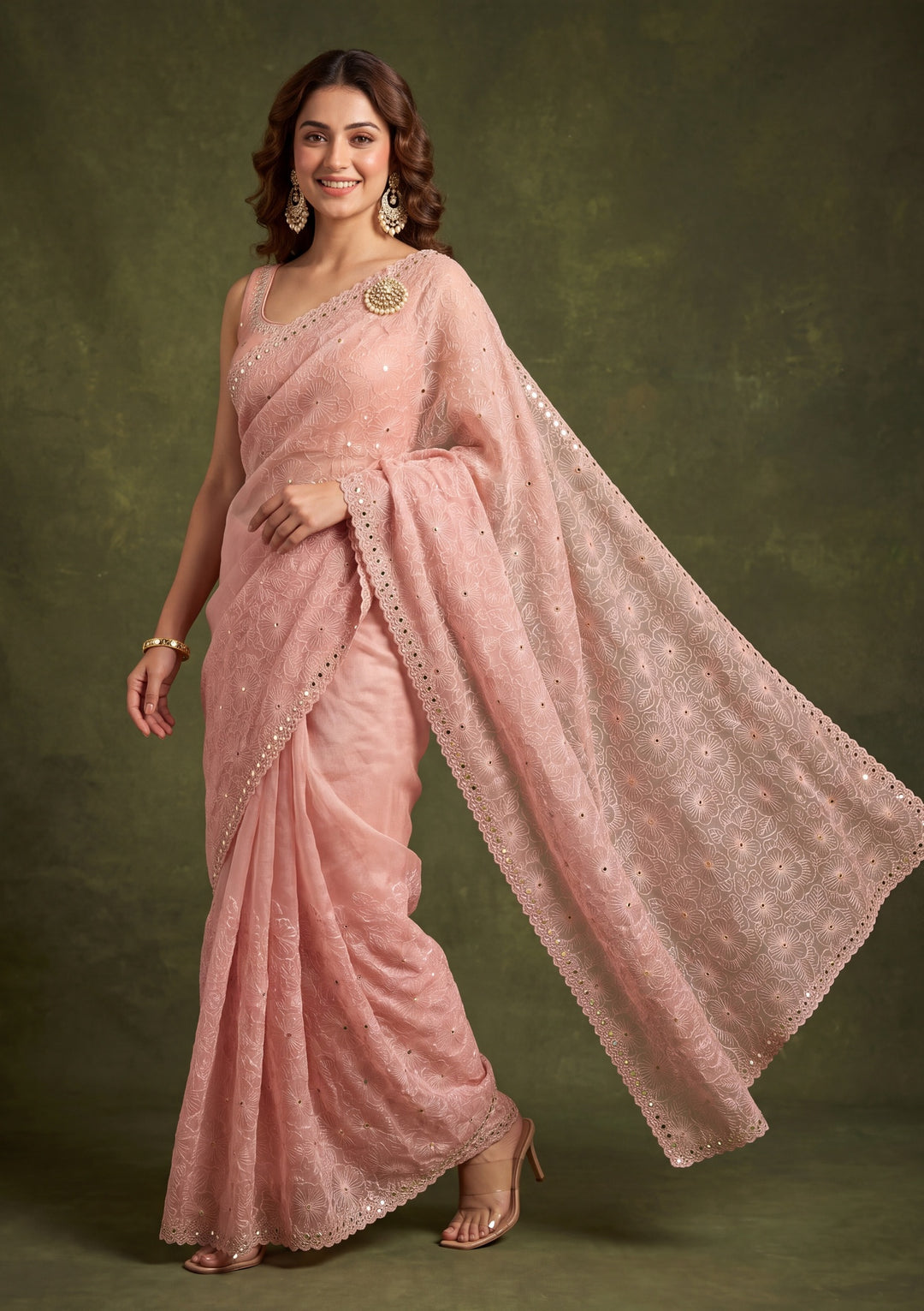 Peach Tissue Mirrorwork Saree With Matching Blouse Piece