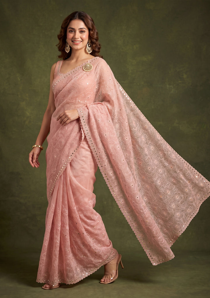 Peach Tissue Mirrorwork Saree With Matching Blouse Piece
