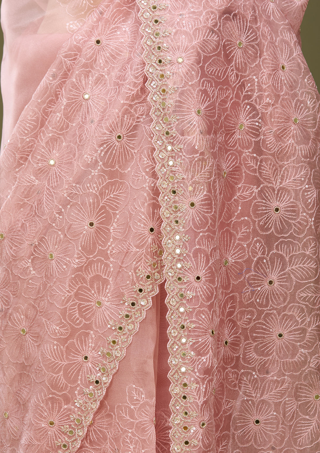 Peach Tissue Mirrorwork Saree With Matching Blouse Piece