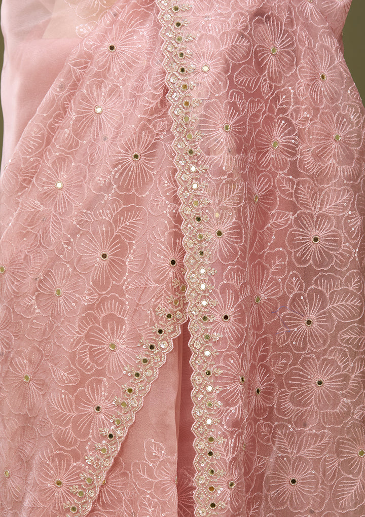Peach Tissue Mirrorwork Saree With Matching Blouse Piece
