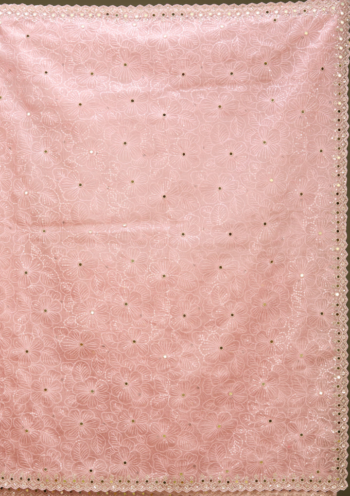 Peach Tissue Mirrorwork Saree With Matching Blouse Piece