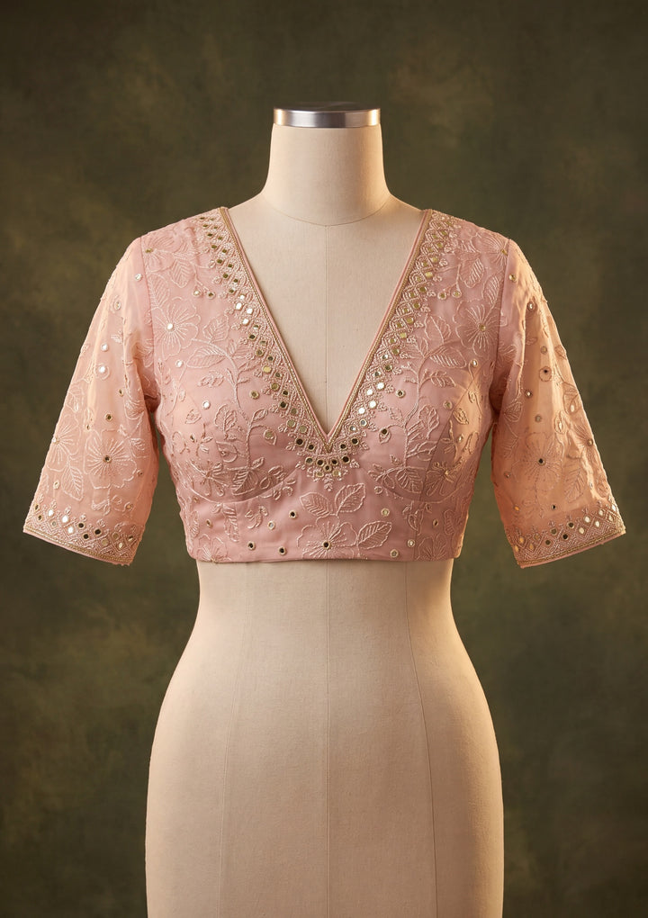 Peach Tissue Mirrorwork Saree With Matching Blouse Piece