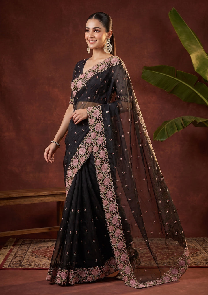 Black Threadwork Tissue Saree