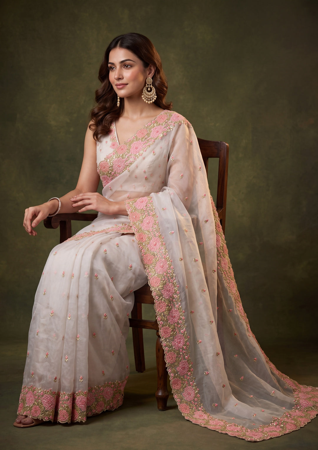 Light Grey Tissue Threadwork Saree With Matching Blouse Piece