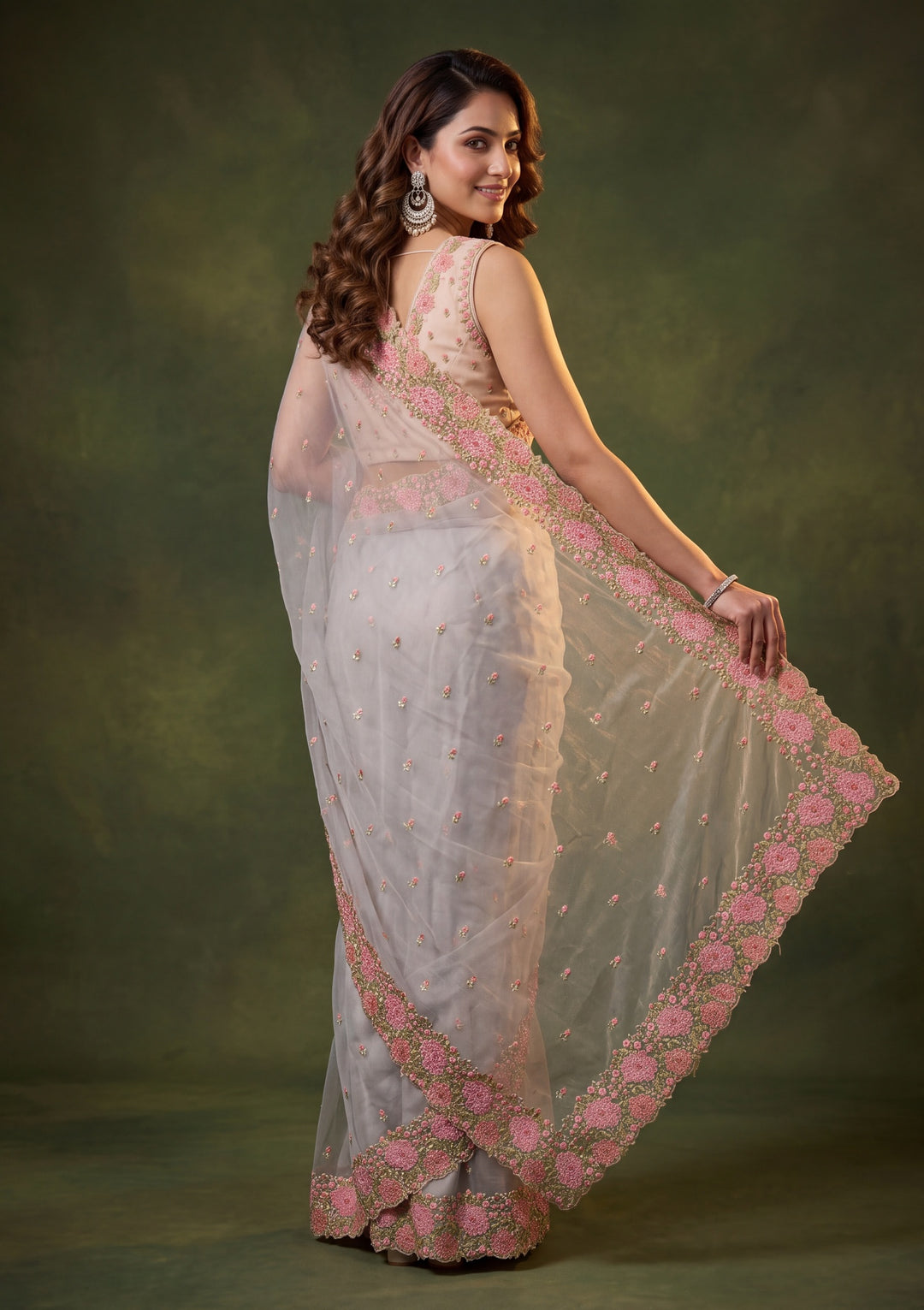 Light Grey Tissue Threadwork Saree With Matching Blouse Piece