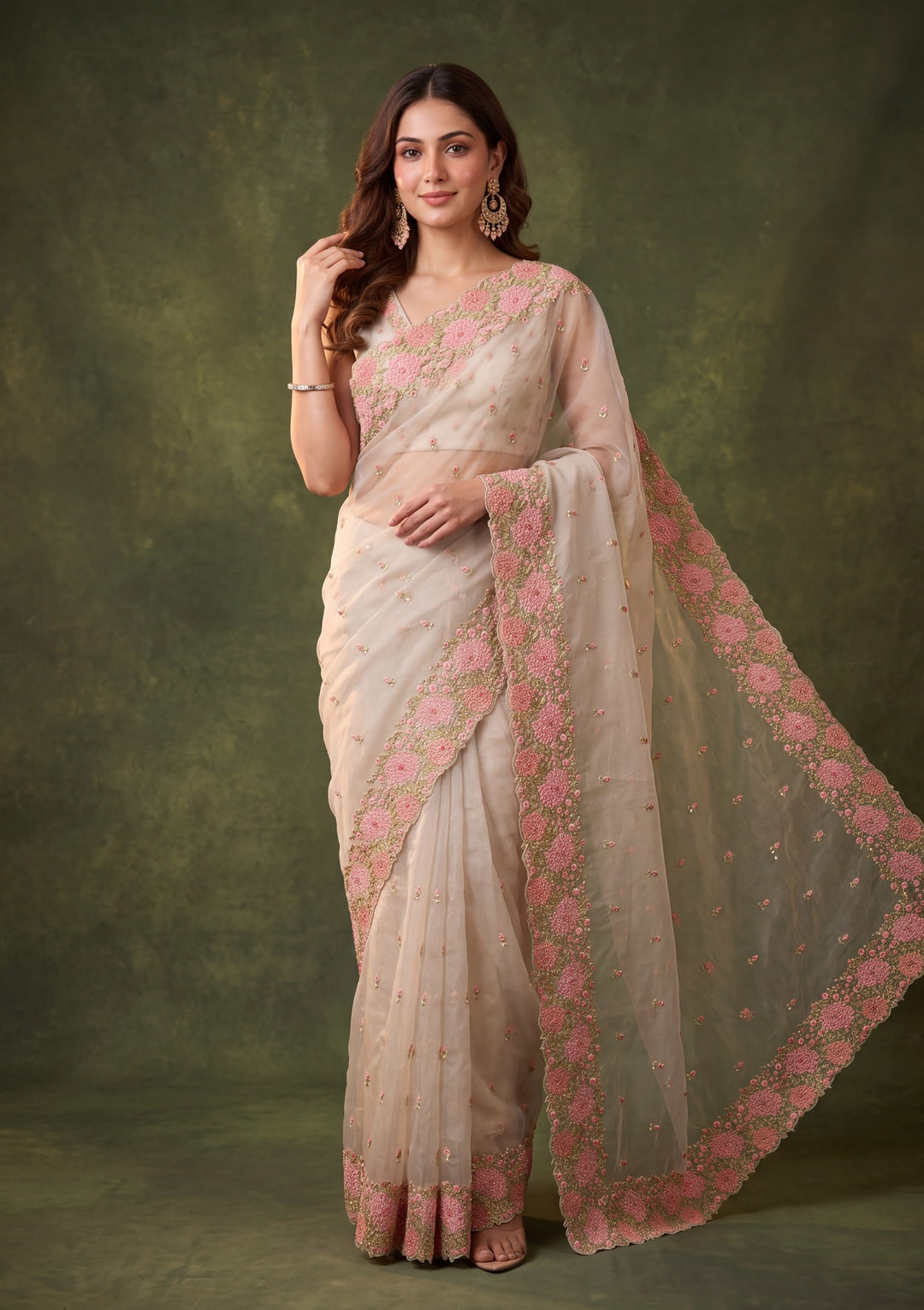 Light Grey Tissue Threadwork Saree With Matching Blouse Piece