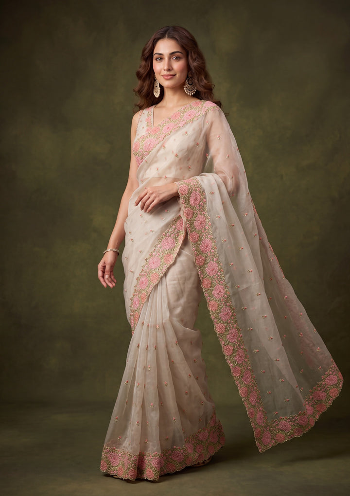 Light Grey Tissue Threadwork Saree With Matching Blouse Piece
