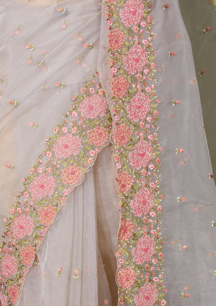 Light Grey Tissue Threadwork Saree With Matching Blouse Piece