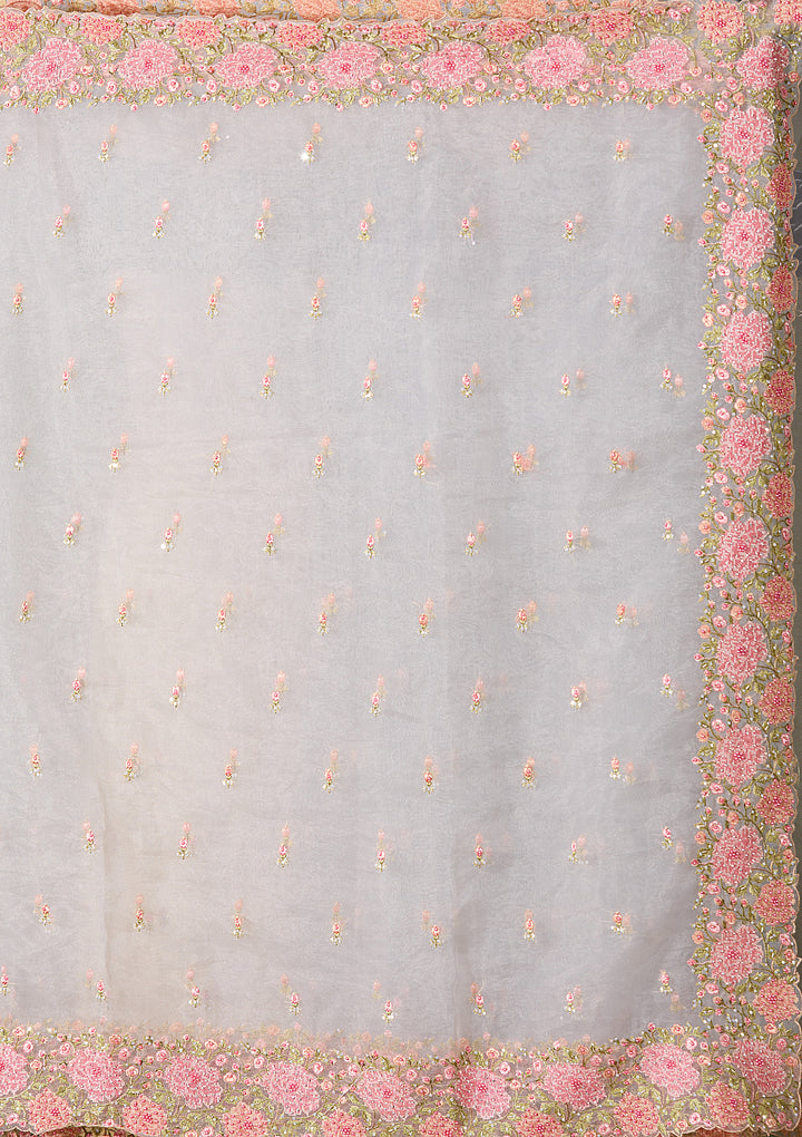 Light Grey Tissue Threadwork Saree With Matching Blouse Piece