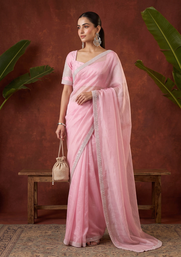 Baby Pink Stonework (Silver) Tissue Saree