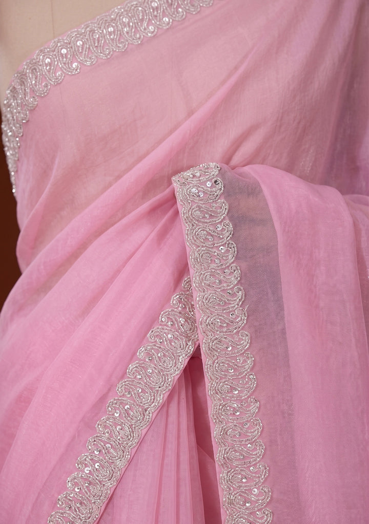 Baby Pink Stonework (Silver) Tissue Saree