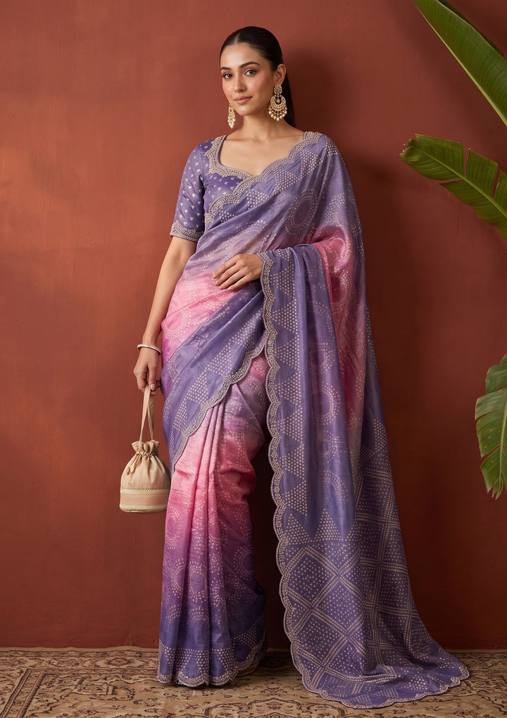 Lavender Stonework (Gold) Organza Saree