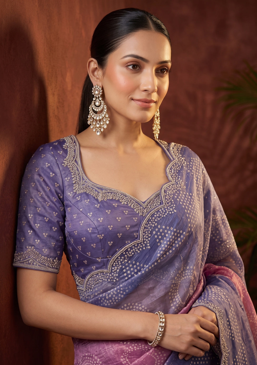 Lavender Stonework (Gold) Organza Saree