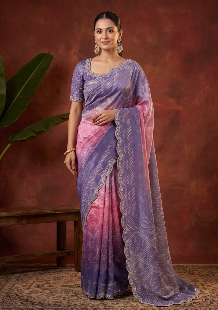 Lavender Stonework (Gold) Organza Saree