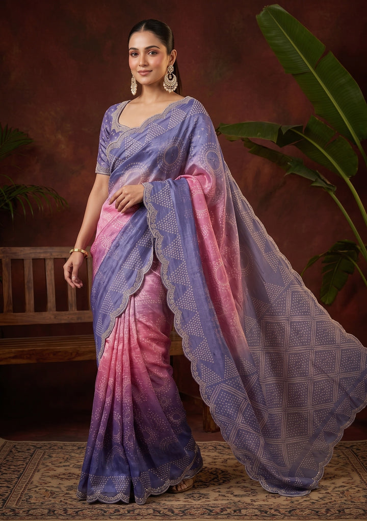Lavender Stonework (Gold) Organza Saree