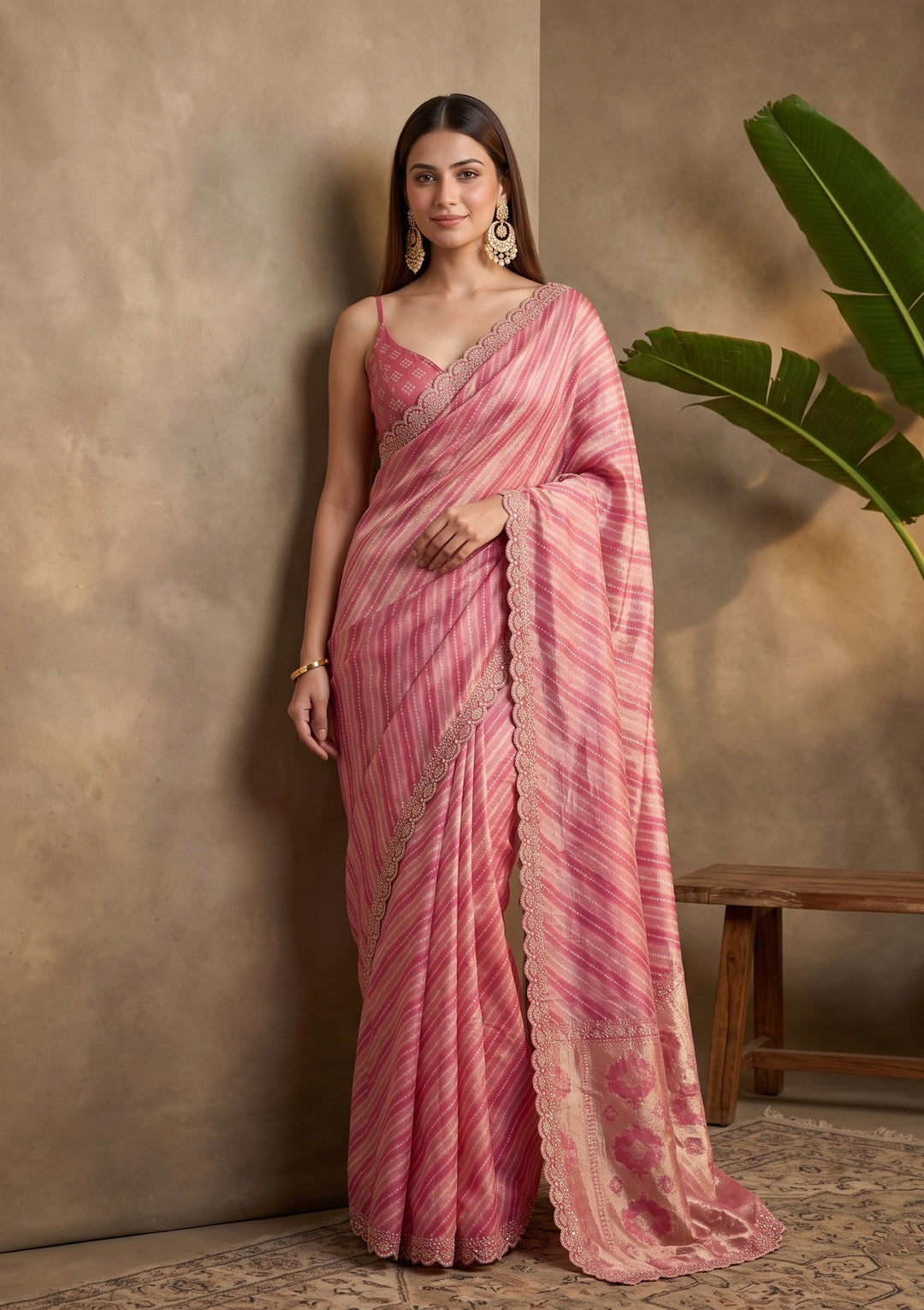 Baby Pink Stonework (Gold) Organza Saree