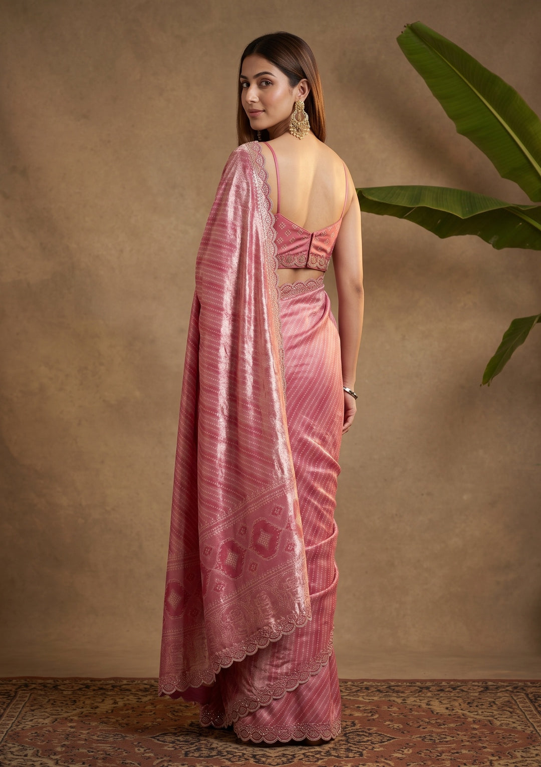 Baby Pink Stonework (Gold) Organza Saree