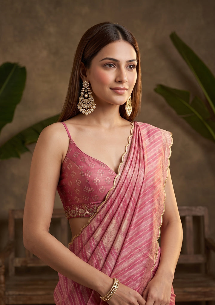 Baby Pink Stonework (Gold) Organza Saree