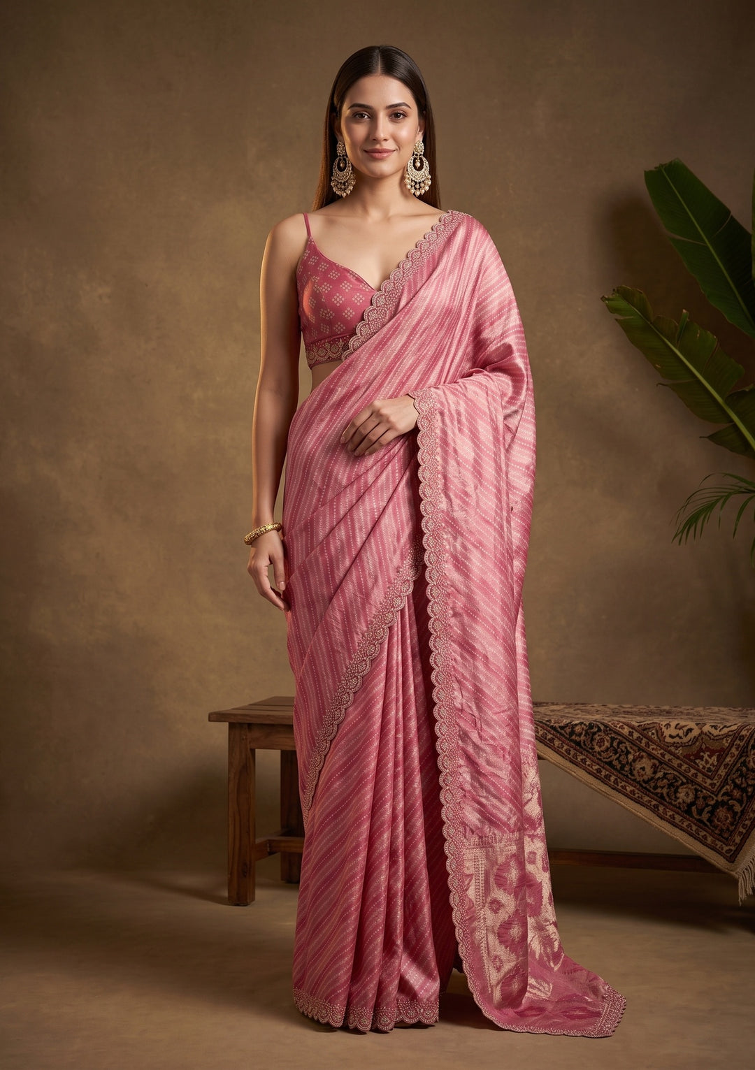 Baby Pink Stonework (Gold) Organza Saree