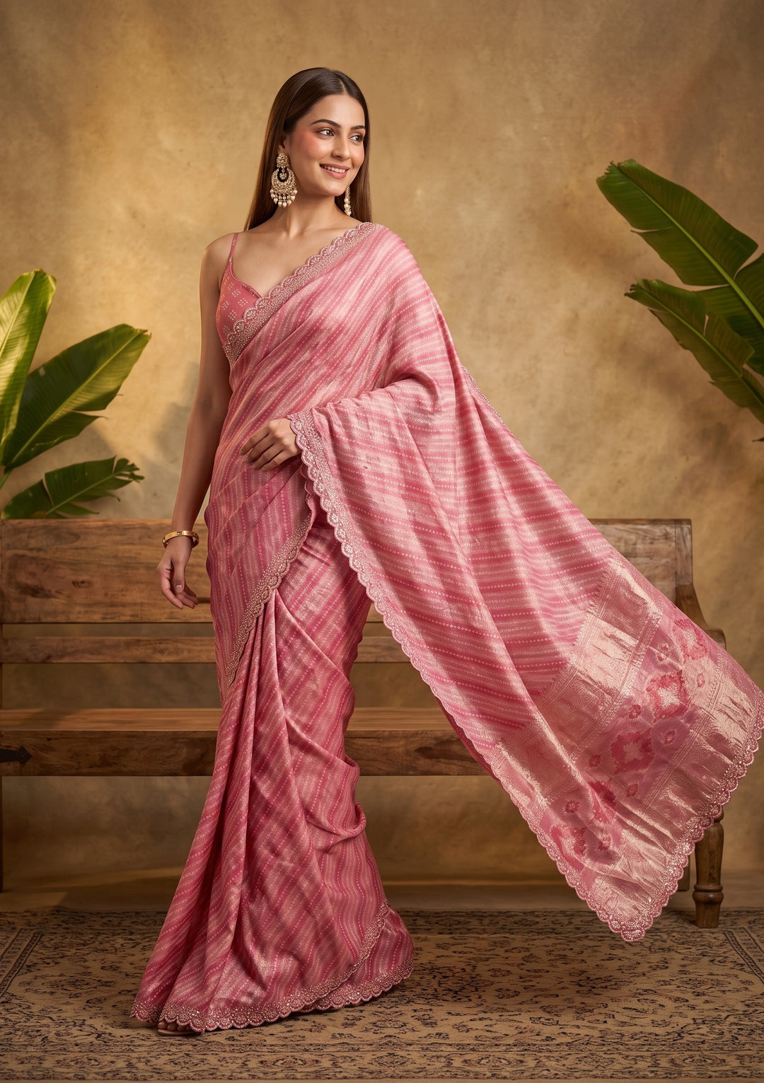 Baby Pink Stonework (Gold) Organza Saree