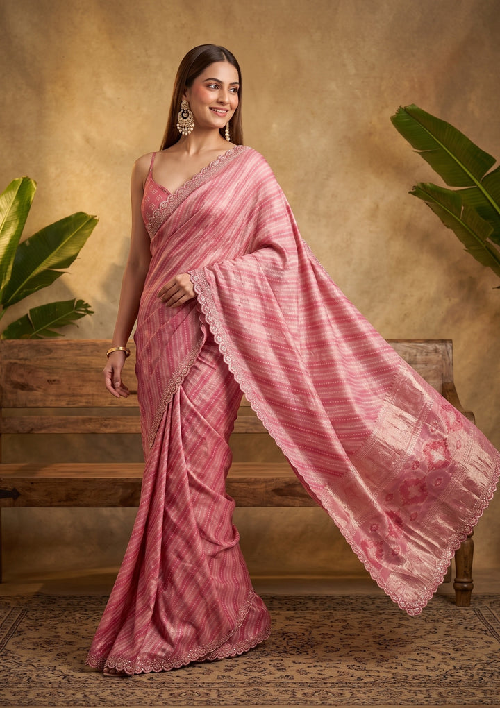 Baby Pink Stonework (Gold) Organza Saree