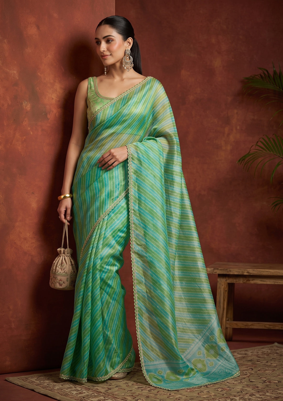 Sea Green Stonework (Gold) Organza Saree