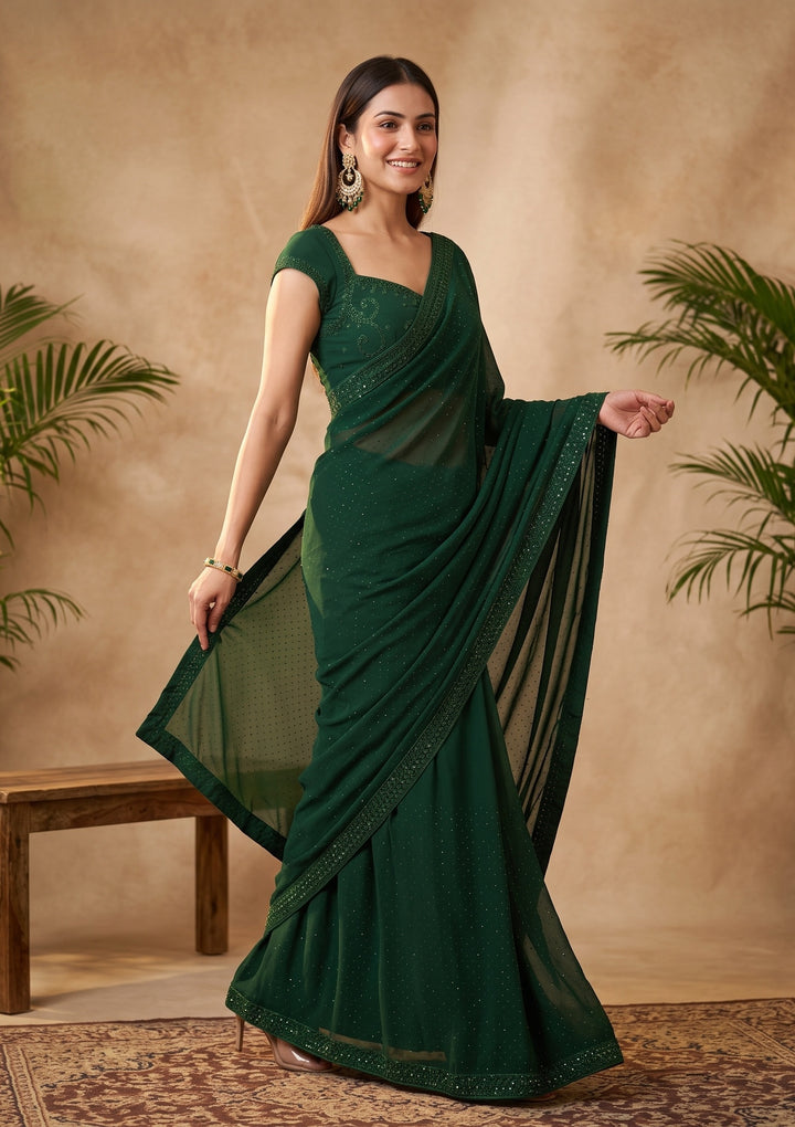 Bottle Green Swarovski Georgette Saree