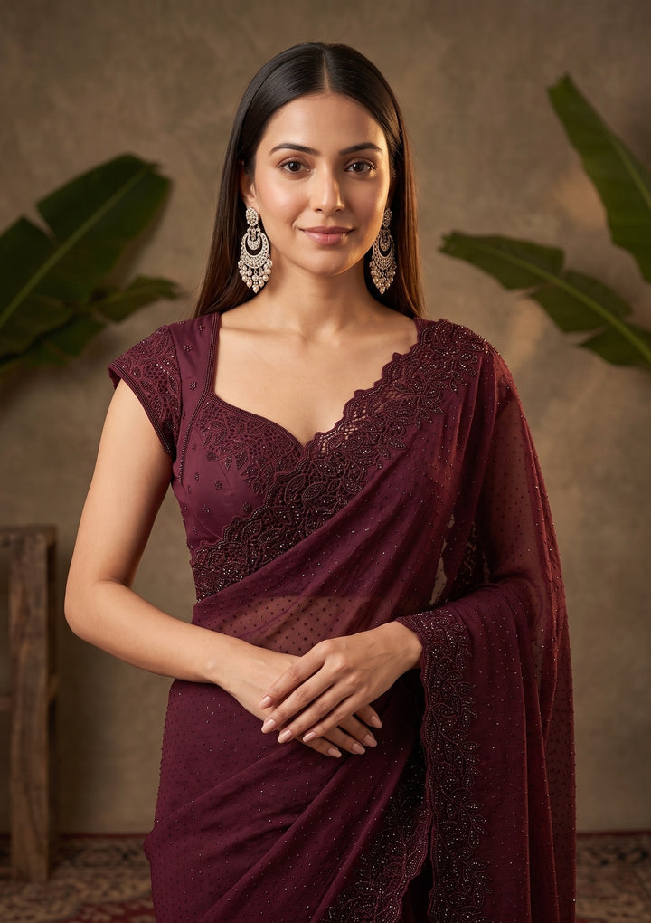 Wine Cutwork Tissue Saree