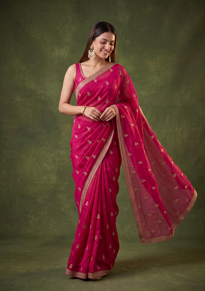 Rani Pink Tissue Gold Zariwork Saree With Matching Blouse Piece