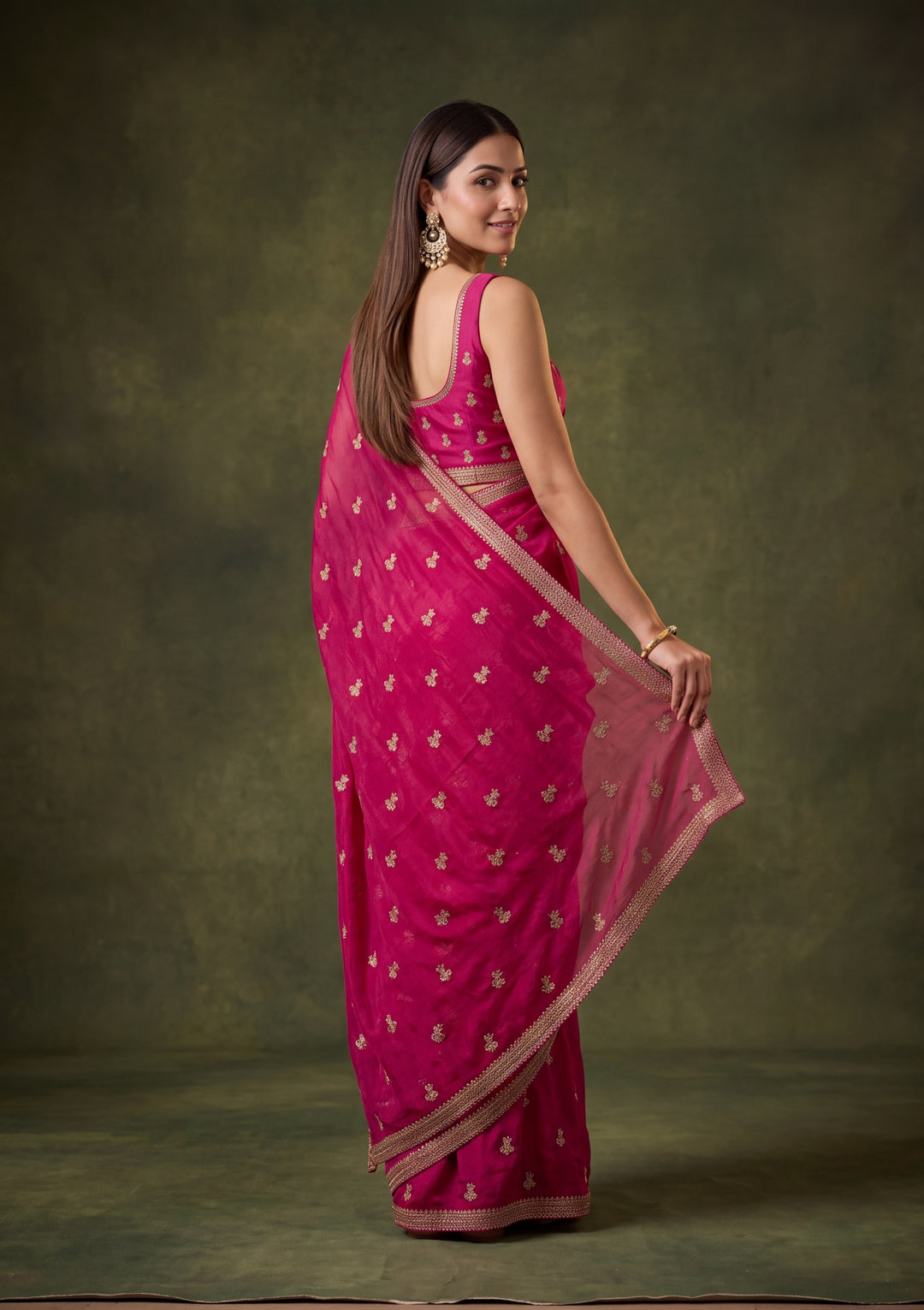 Rani Pink Tissue Gold Zariwork Saree With Matching Blouse Piece