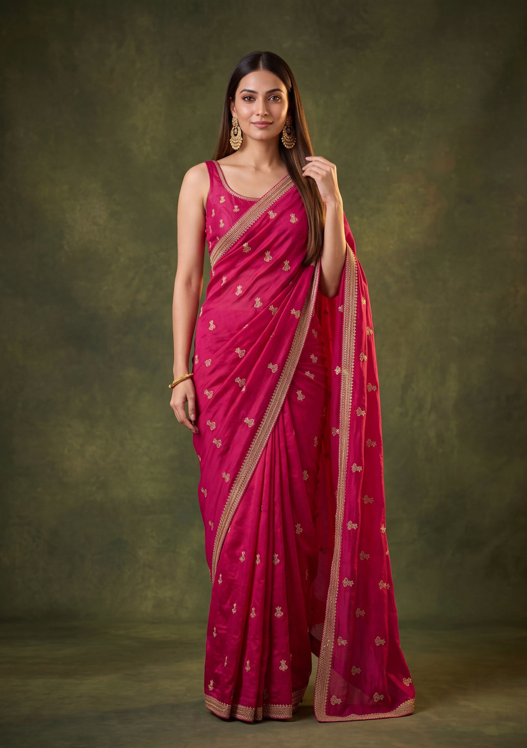 Rani Pink Tissue Gold Zariwork Saree With Matching Blouse Piece