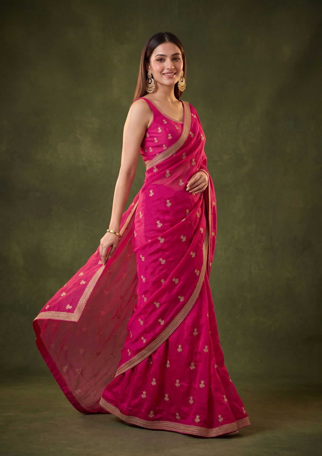 Rani Pink Tissue Gold Zariwork Saree With Matching Blouse Piece