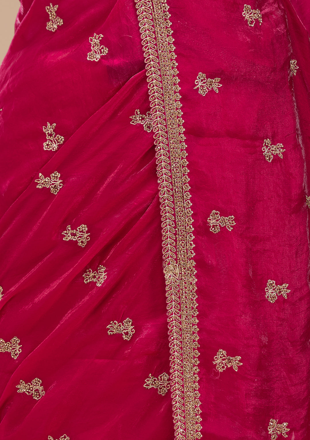 Rani Pink Tissue Gold Zariwork Saree With Matching Blouse Piece