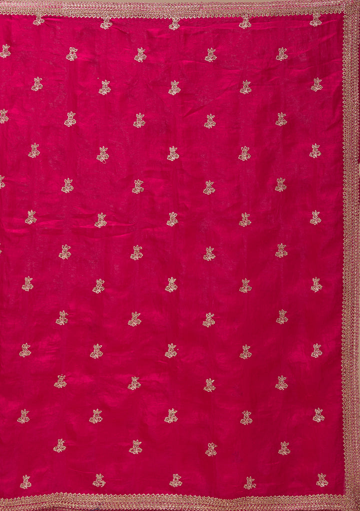 Rani Pink Tissue Gold Zariwork Saree With Matching Blouse Piece