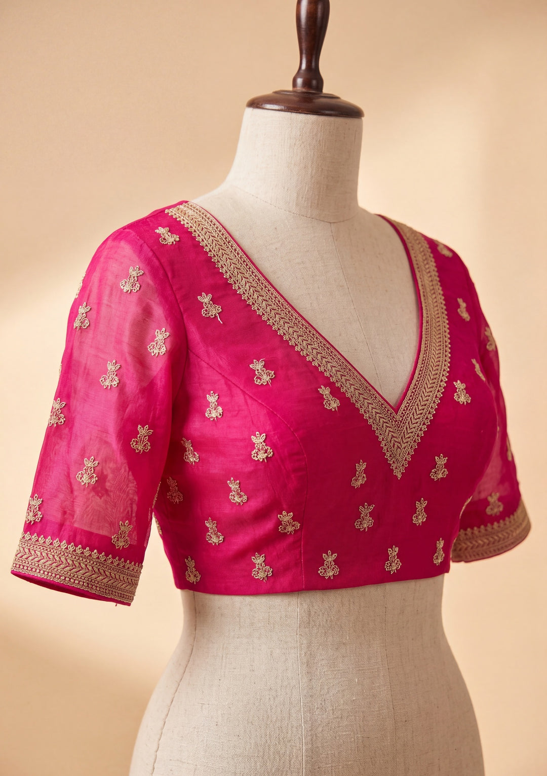 Rani Pink Tissue Gold Zariwork Saree With Matching Blouse Piece