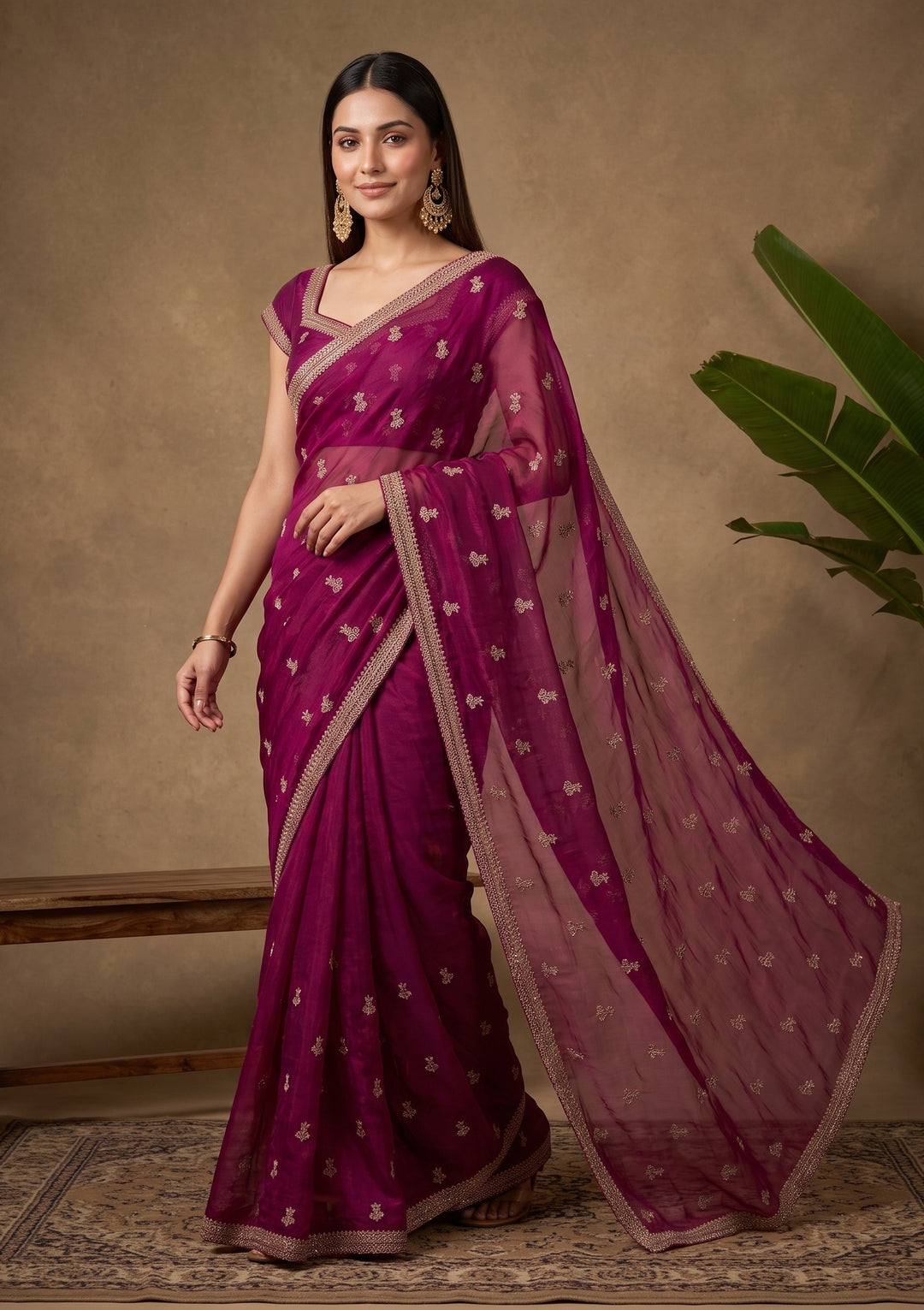 Wine Stonework (Gold) Tissue Saree
