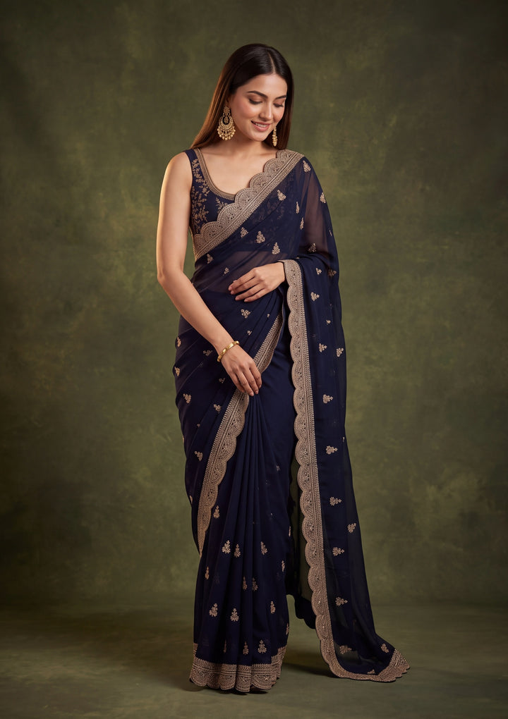 Navy Blue Georgette Gold Zariwork Saree With Matching Blouse Piece