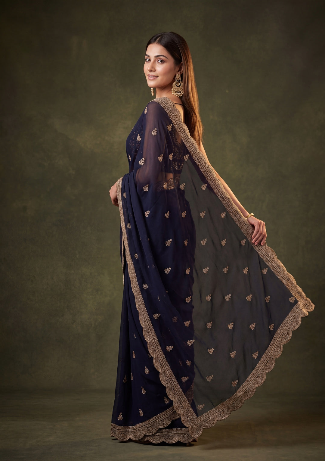 Navy Blue Georgette Gold Zariwork Saree With Matching Blouse Piece