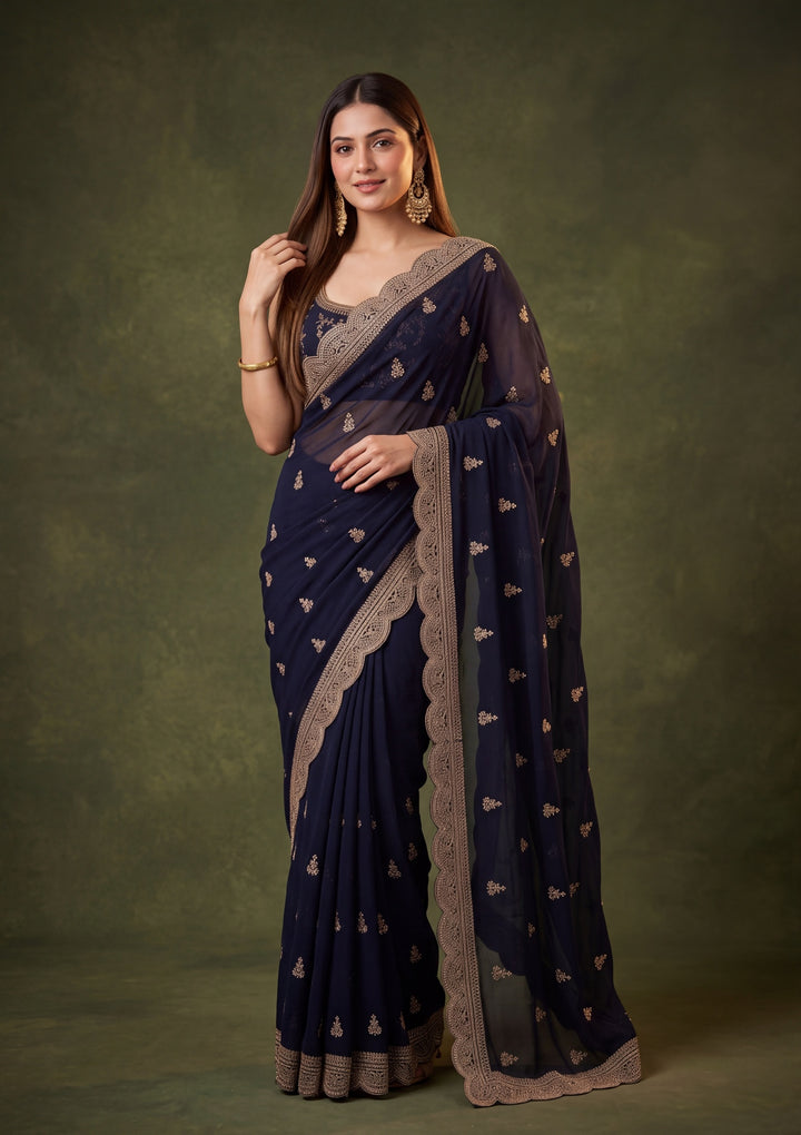 Navy Blue Georgette Gold Zariwork Saree With Matching Blouse Piece