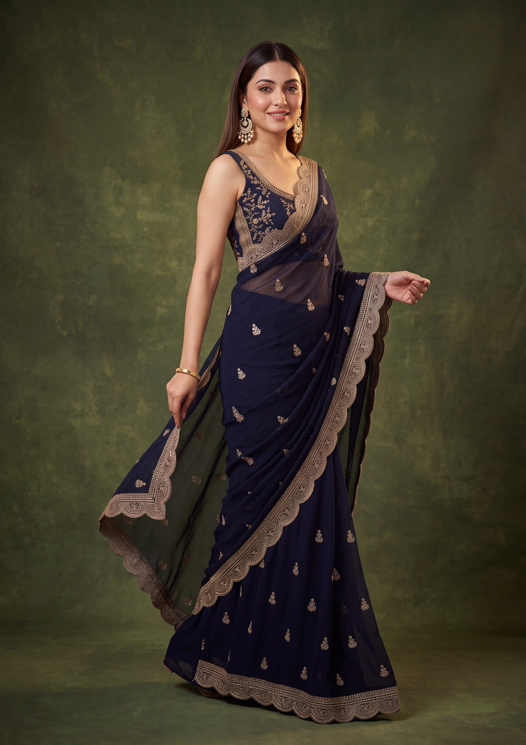 Navy Blue Georgette Gold Zariwork Saree With Matching Blouse Piece