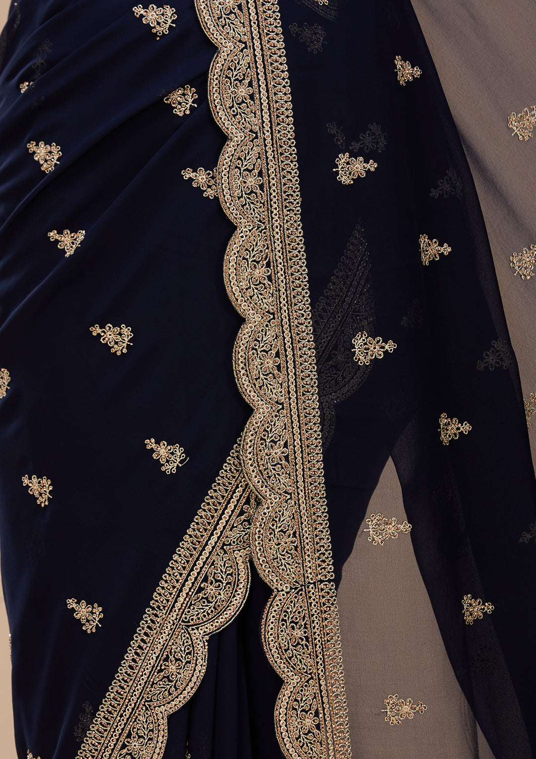 Navy Blue Georgette Gold Zariwork Saree With Matching Blouse Piece