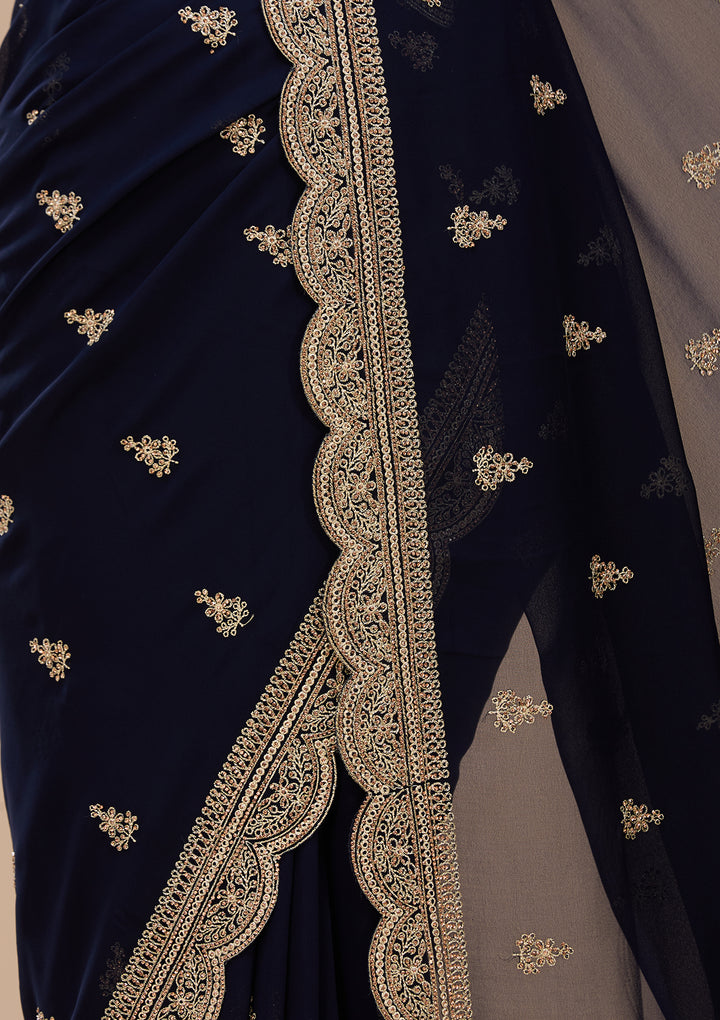 Navy Blue Georgette Gold Zariwork Saree With Matching Blouse Piece