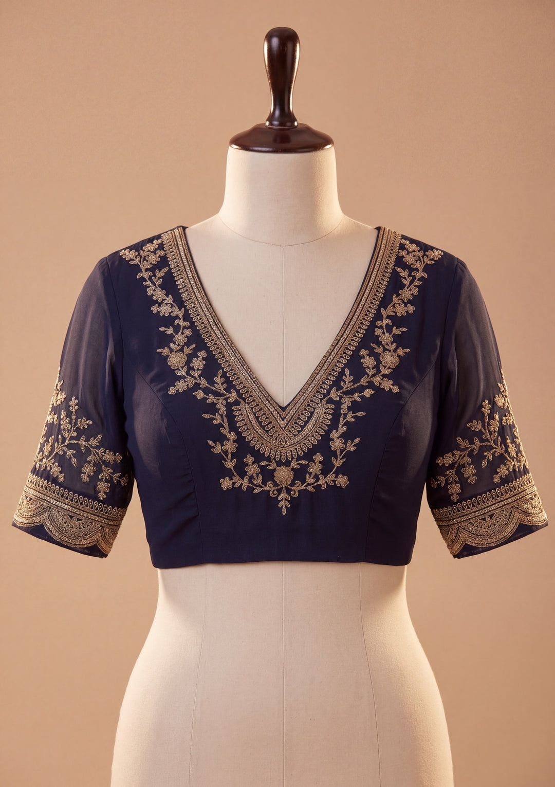 Navy Blue Georgette Gold Zariwork Saree With Matching Blouse Piece
