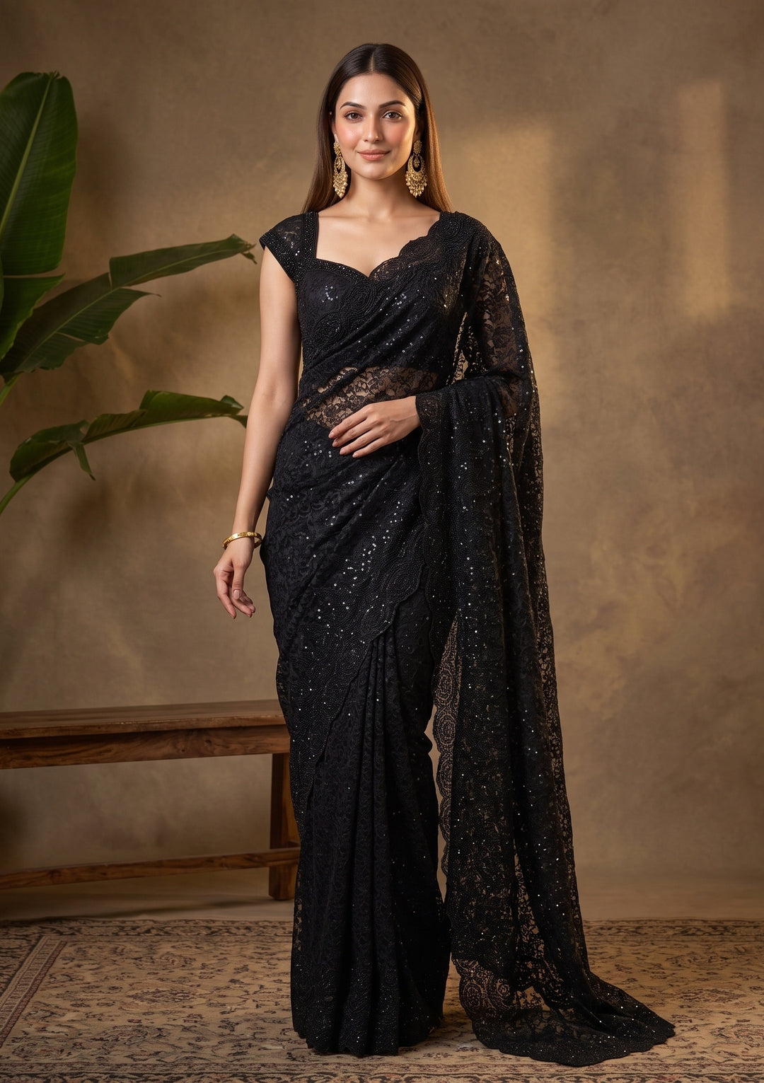 Black Swarovski Net Saree