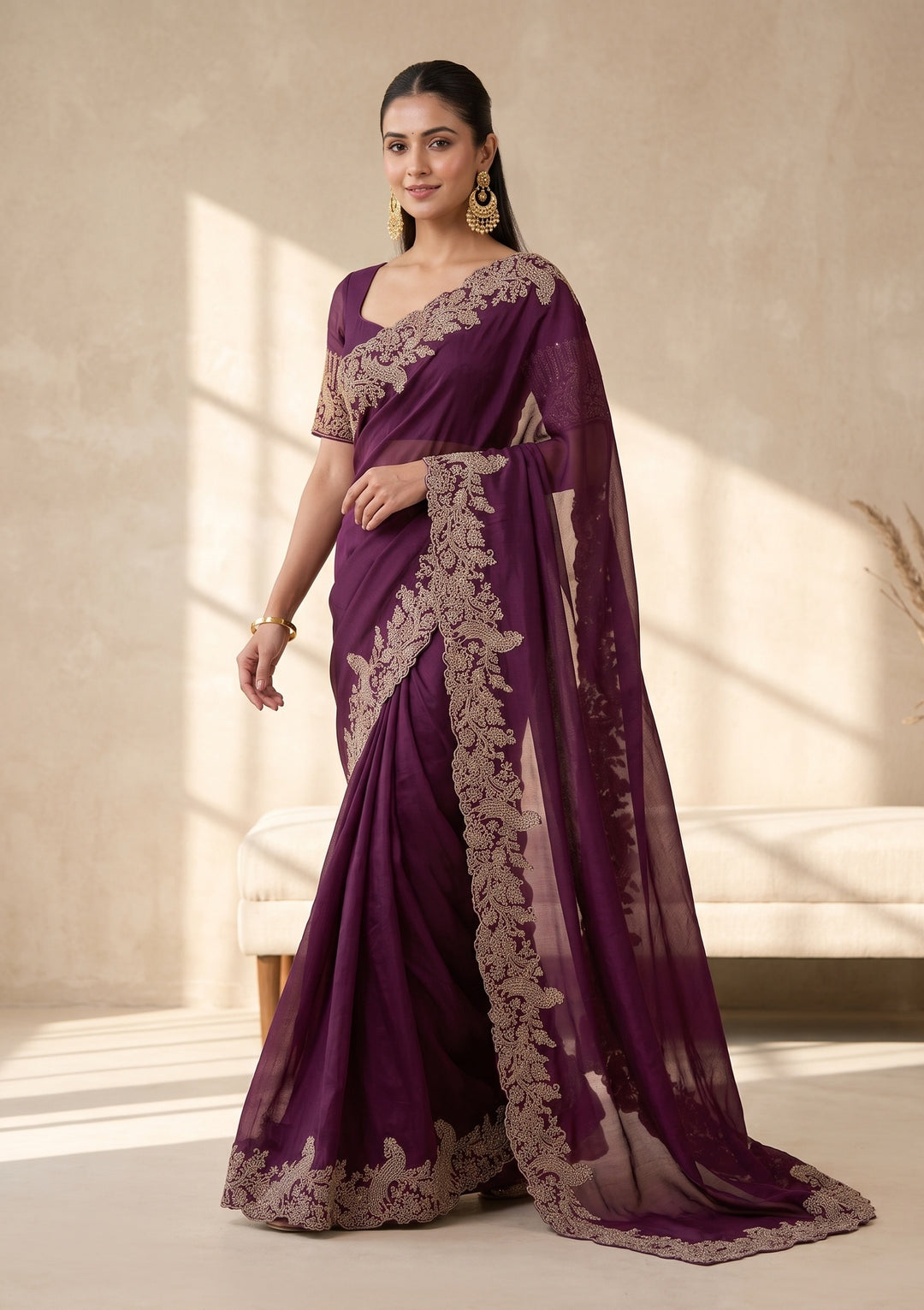Wine Stonework (Gold) Satin Saree