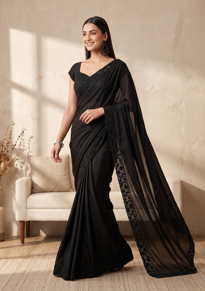Black Cutwork Satin Saree