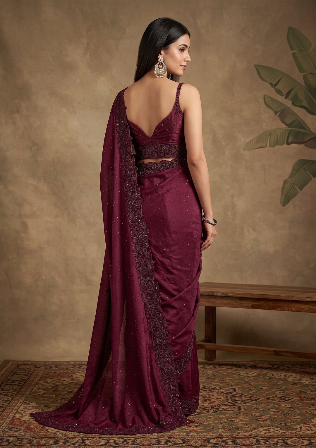 Wine Swarovski Satin Saree