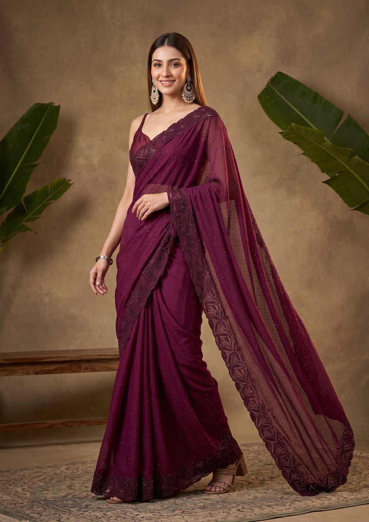 Wine Swarovski Satin Saree