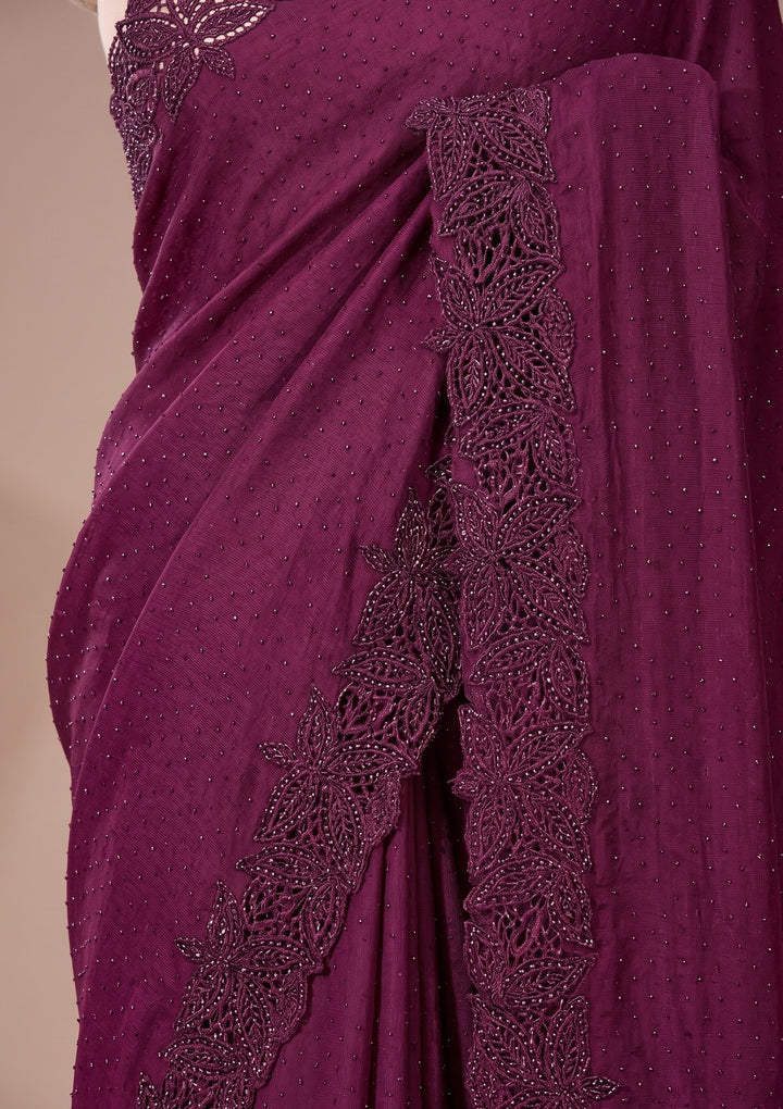 Wine Swarovski Satin Saree