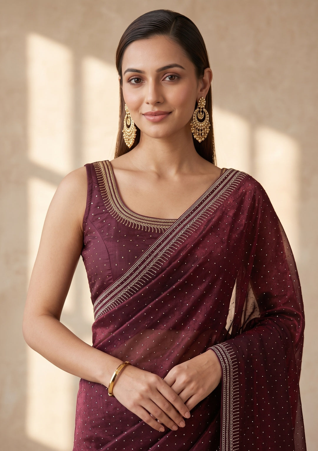 Maroon Stonework (Gold) Tissue Saree